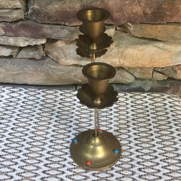 VTG Cabochons Cross Candelabra Boho Brass Religious Candle Holder Christian - Picture 8 of 8
